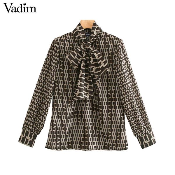 

vadim women vintage chains print blouse long sleeve bow tie collar female casual stylish shirts chic blusas mujer lb496, White