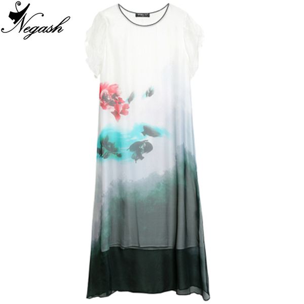 

2019 new summer elegant dress plus size women irregular linen dresses female retro print high-grade party dresses silk dress, Black;gray