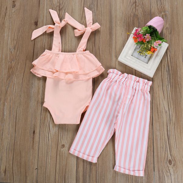 

toddler kids baby girls clothes striped bandage pants off shoulder strap ruffle solid sleeveless bodysuit 2pcs summer outfits, Pink;blue
