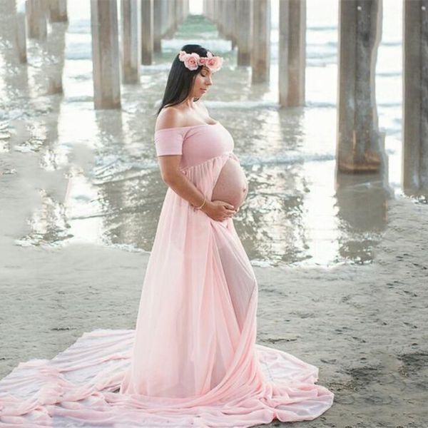 

maternity pgraphy boat neck dress pregnant off shoulder short sleeve stretch cotton chiffon patchwork dress(pink, White