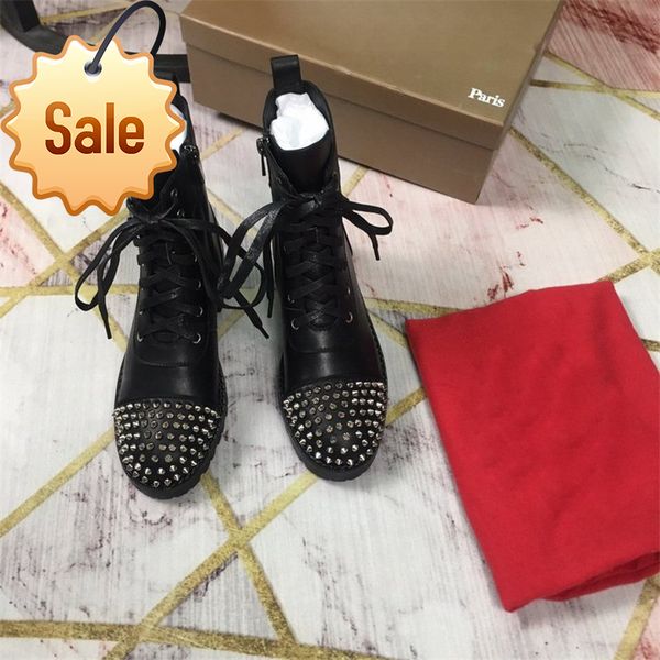 

luxury spikes martin calfskin leather rivet boot lace up ankle bottes bottom booties au-dessus bottines designer boots for women 19, Black