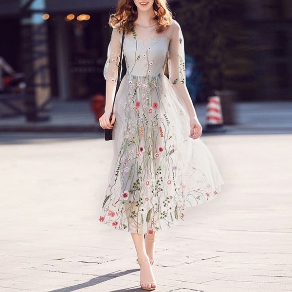 

bohemian flower embroidered dress evening party floral dresses gorgeous half sleeves sheer long dress, White;black