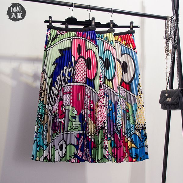 

street pleated skirt rayon 2019 new coming european cartoon pattern high elasticity high spring style a line mid calf skirts, Black