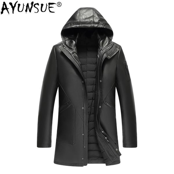 

ayunsue 2019 genuine leather jacket men real sheepskin coat autumn winter mens down jacket hooded blouson cuir 1808 kj1295, Black