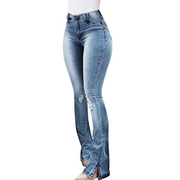 

jaycosin 2019 spring fashion high street women solid hole high waist long boot cut denim pants lady skinny pants dropshipping, Blue