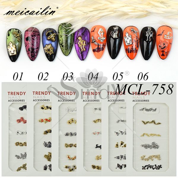 

30 pcs/pack mixed metal pumpkin zombie nail alloy jewelry glitter 3d punk multi-style halloween nail art decorations tools, Silver;gold