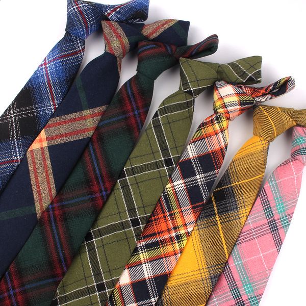 

new plaid cotton ties skinny causal neck tie for men suits mens slim necktie for business cravats 7cm width groom neckties, Blue;white