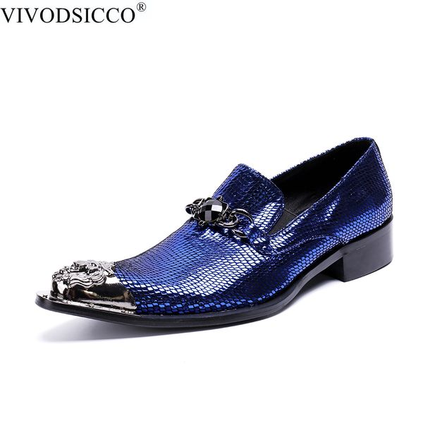 

vivodsicco fashion italian office men dress shoes blue patent leather men shoes party wedding slip on metal toes flat loafer, Black