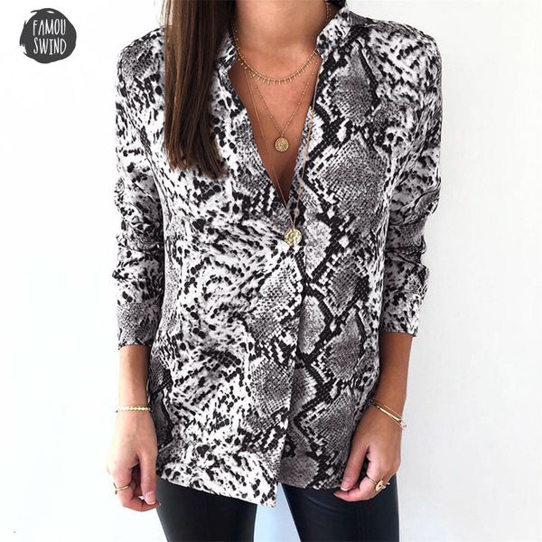

shirt animal print blouse and snake long sleeve casual plus size v neck fashion women blouses autumn, White