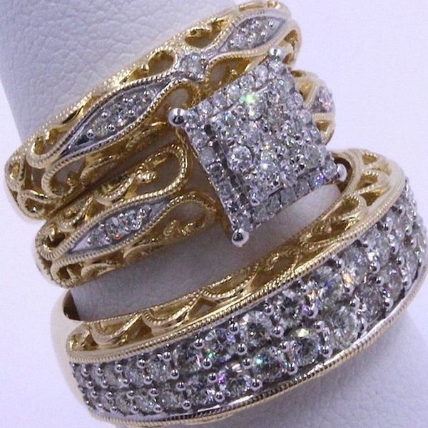 

milangirl wedding rings perfect hollow pattern sparkling zircon stone three-piece ring set jewelry for engagement gift, Golden;silver