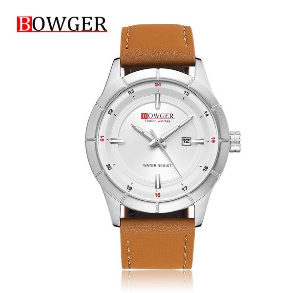 

men's watch bowger quartz army wristwatch leather waterproof male clock sport watch relogio masculino, Slivery;brown