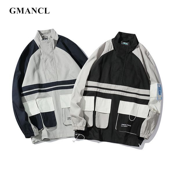 

2019 men multi-pocket pullover windbreaker jackets streetwear harajuku style color block patchwork casual cargo jacket coats, Black;brown