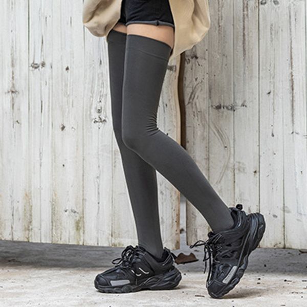 

2 pairs women keep thermal stockings gray color thigh long socks thick cotton keep warm street wear high elastic slim stocking, Black