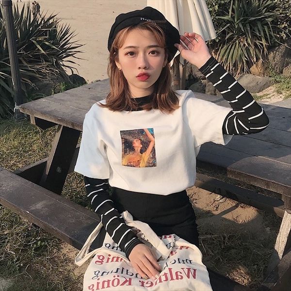 

ins long-sleeved t- t- shirt women's striped stitching student loose versatile fake two-piece set base shirt fashion, White