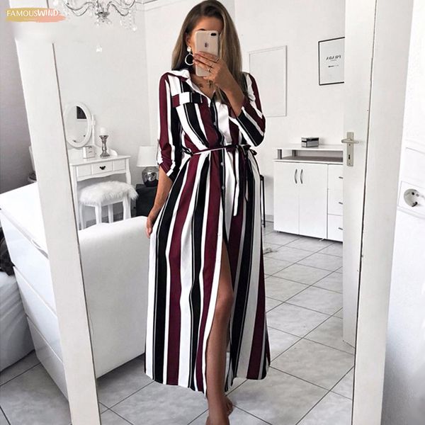 

fashion turn-down collar long dress casual stripe shirt dresses elegant lace up women party maxi dress vestidos, Black;gray
