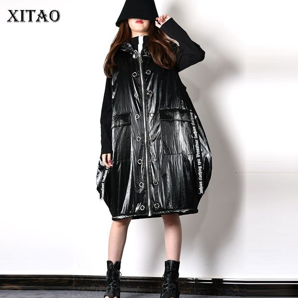 

xitao zippers pocket casual hooded collar vests women 2019 autumn fashion korean style new plus size a line long vest gcc2618, Black;white