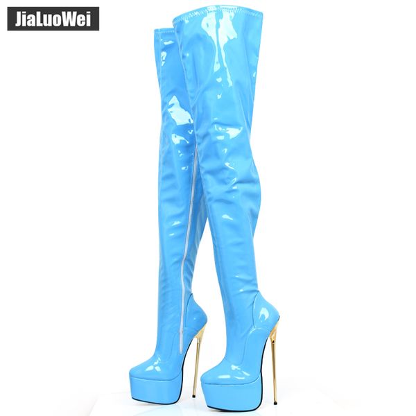 

jialuowei 22cm extreme high heel gold metal heel platform fetish stiletto zip party over the knee thigh long boots, Black