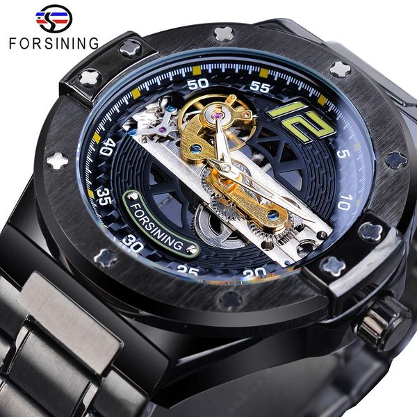 

forsining classic bridge mechanical watch men black automatic transparent gear full steel band racing male sport watches relogio, Slivery;brown