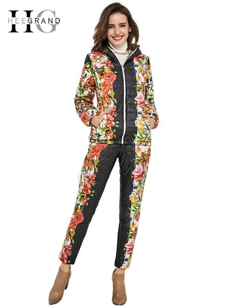 

hee grand 2019 winter jacket women casual flower printed hooded warm basic parka suits (coat+pants sets ) winter outwear wat270 y190926, Black;white