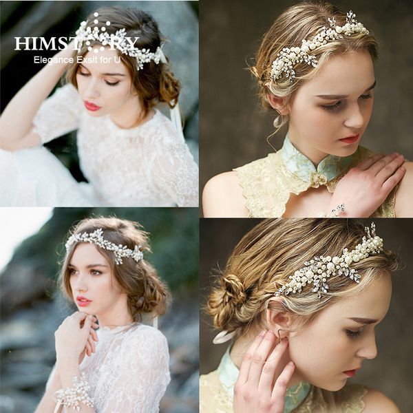 

himstory роскошный pearl tiara свадебные цветочные листья отделение оголовье кристалл свадебные hairband свадебные аксессуары для волос, Golden;white