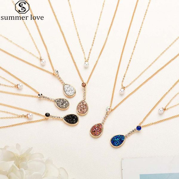 

6 colors resin druzy stone double layer necklace with gold color pearl and teardrop shaped pendant necklace for women valentine's day g, Silver