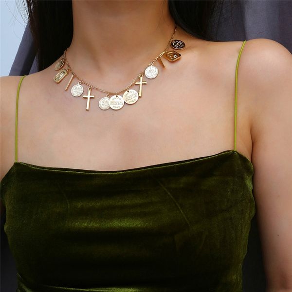 

1pc vintage multi layered roman coin choker necklace collar statement cross pendant necklace women jewelry accessories, Silver
