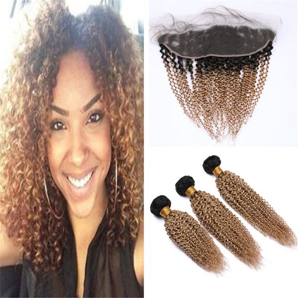 2019 Dark Roots Honey Blonde Ombre Kinkys Curly Human Hair Bundles With Lace Frontal Closure 1b 27 Light Brown Ombre Curly Virgin Hair Frontal From