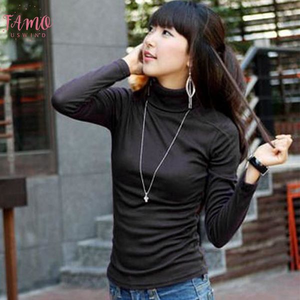 

stylish women winter spring pure color turtleneck milk silk pullovers bottoming shirt trendy long sleeve slim basic tee, White