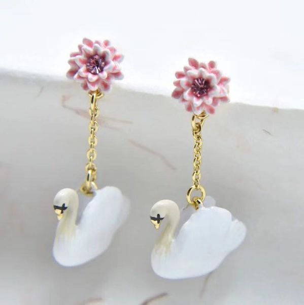 

2020 luxury designer enamel glaze white swan womens stud earring necklace jewelry for party, Silver