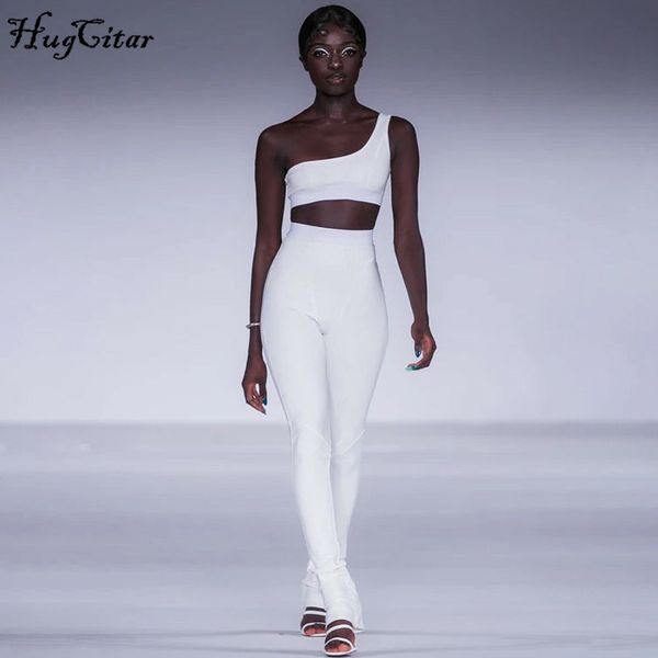 

hugcitar 2020 sleeveless one-shoulder crop leggings 2 pieces set summer women fashion bodycon patchwork tracksuit, White
