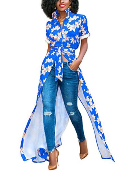 

salimdy women's floral print button down collar neck short sleeve loose long t-shirt blouse dresses, Black;gray