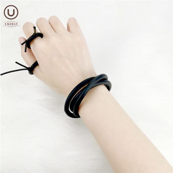 

ukebay new 3 circles charm bracelets for women bangles elasticity rope handmade rubber jewelry bangle wholesale, Black