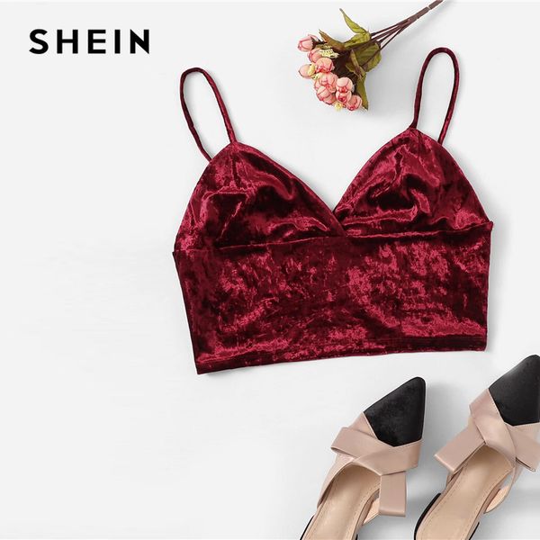 

shein burgundy solid velvet bralette cami spaghetti strap crop women party vest 2019 autumn slim fit vests, White