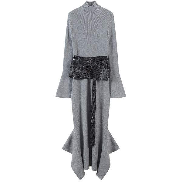 

sruilee casual slim sashes dress high-end 2018 new winter sleeve slit jumper women dress hem split pullovers knit vestido runway, Black;gray