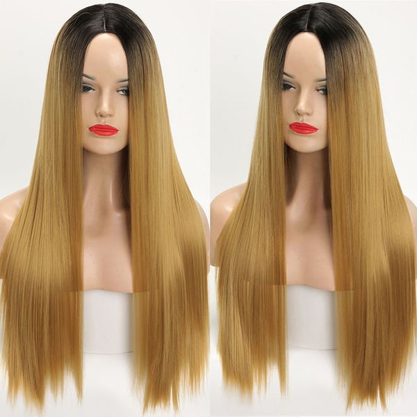 

beautiful long ombre blonde silky straight wig baby hair heat resistant hair 180% density synthetic none lace wig blonde wigs for women, Black