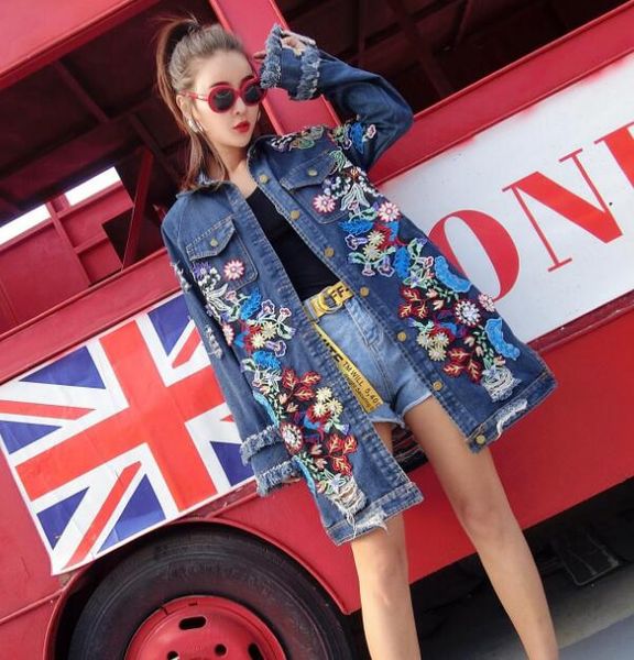 

street fashion women autumn winter long denim jacket women's cotton long sleeve embroidery female loose hole jeans coat clothes, Black;brown