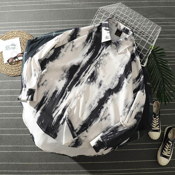 

men long sleeve autumn and winter tie-dye printed loose shirt blouse shirts men dress camisas de homem camisa masculina, White;black