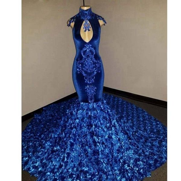 

royal blue mermaid prom dresses keyhole lace appliques 3d flower velour evening party gowns cap sleeve prom gown 2019, Black