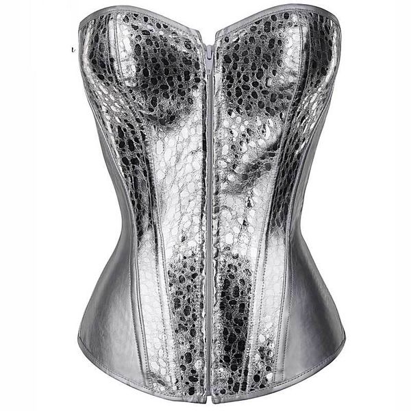 

silver corset shining twinkle faux leather overbust bustier front zipper blink corselet elastic boned gothic clubwear korset, Black;white