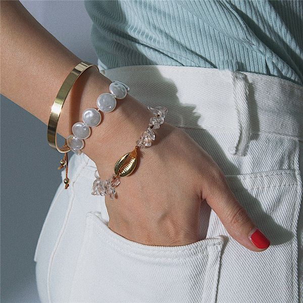 

3 pcs/set pearl shell stone crystal bracelet set trendy gold color adjustable bange & bracelet for women jewelry accessories, Black