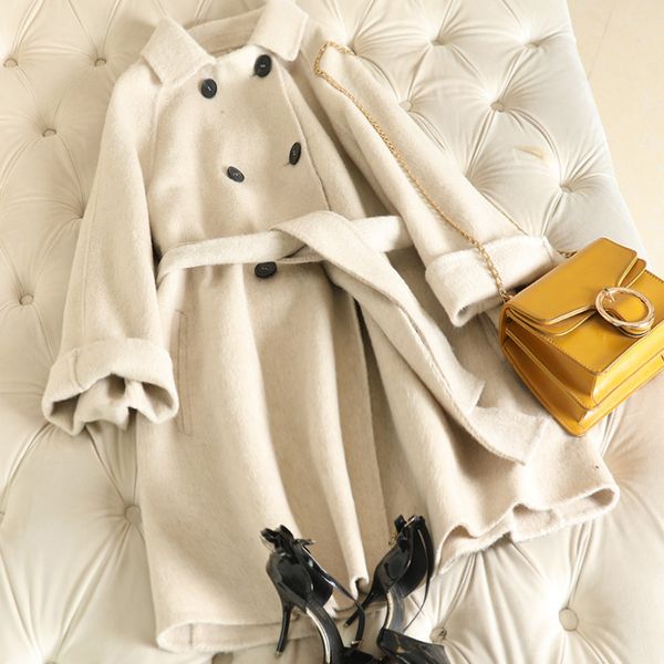 

2019 winter autumn new women long cashmere double-sided wool coat double-breasted office lady overcoat belt female outerwear 998, Black