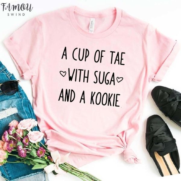 

a cup of tae with suga and a kookie women tshirt cotton casual t shirt for lady girl tee drop, White