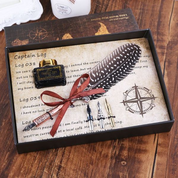 

vintage feather quill dip pen fountain pens with ink +3 nibs set box stationery l41e