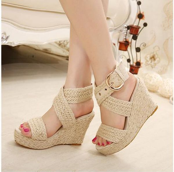 

sale bohemian city classified natural look ankle strappy straw braided wedges heel classic 3 colors, Black