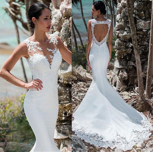

custom gorgeous modern hollow long train crystal beaded mermaid wedding dress lace applique illusion boho summer beach bridal gowns, White