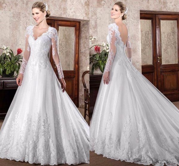 

vestidos de novia 2020 lace a line wedding dresses vintage long sleeve appliqued low backless v neck sweep train bridal gowns bc2935, White