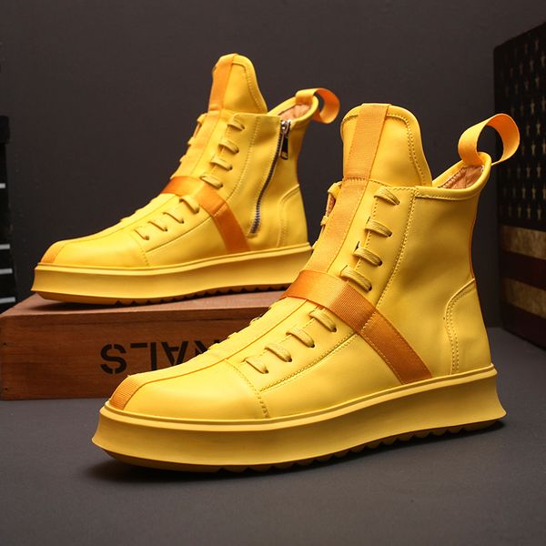 

mens ribbon high ankle boots casual flats side zipper skateboard shoes sports leather black yellow white boys