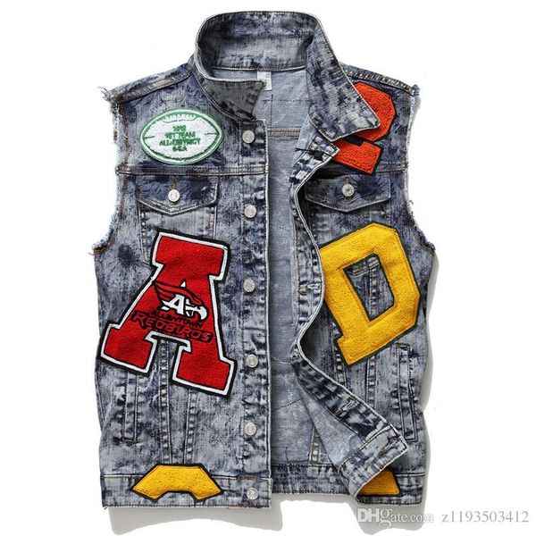

2020 new fashion motorcycle men vest hip hop lettersjeans mens denim vest designer jackets sleeveless embroidery skull coat plus size m-3xl, Black;brown