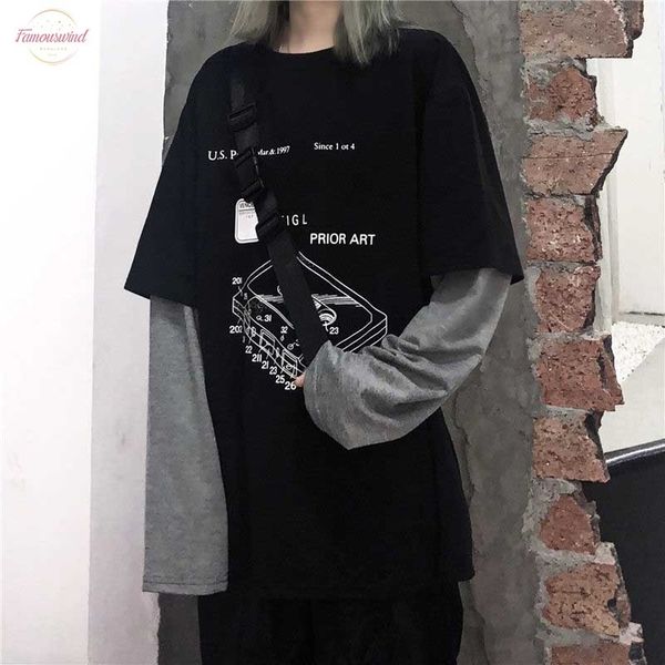 

harajuku fake two piece t shirt women hip hop streetwear long sleeve v neck printed oversized mens tees casual loose o neck, White
