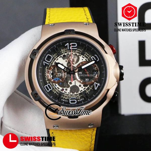 

sale miyota quartz chronograph mens watch rose gold black bezel skeleton dial yellow leather racing limited edition watches swisstime hg48c3, Slivery;brown